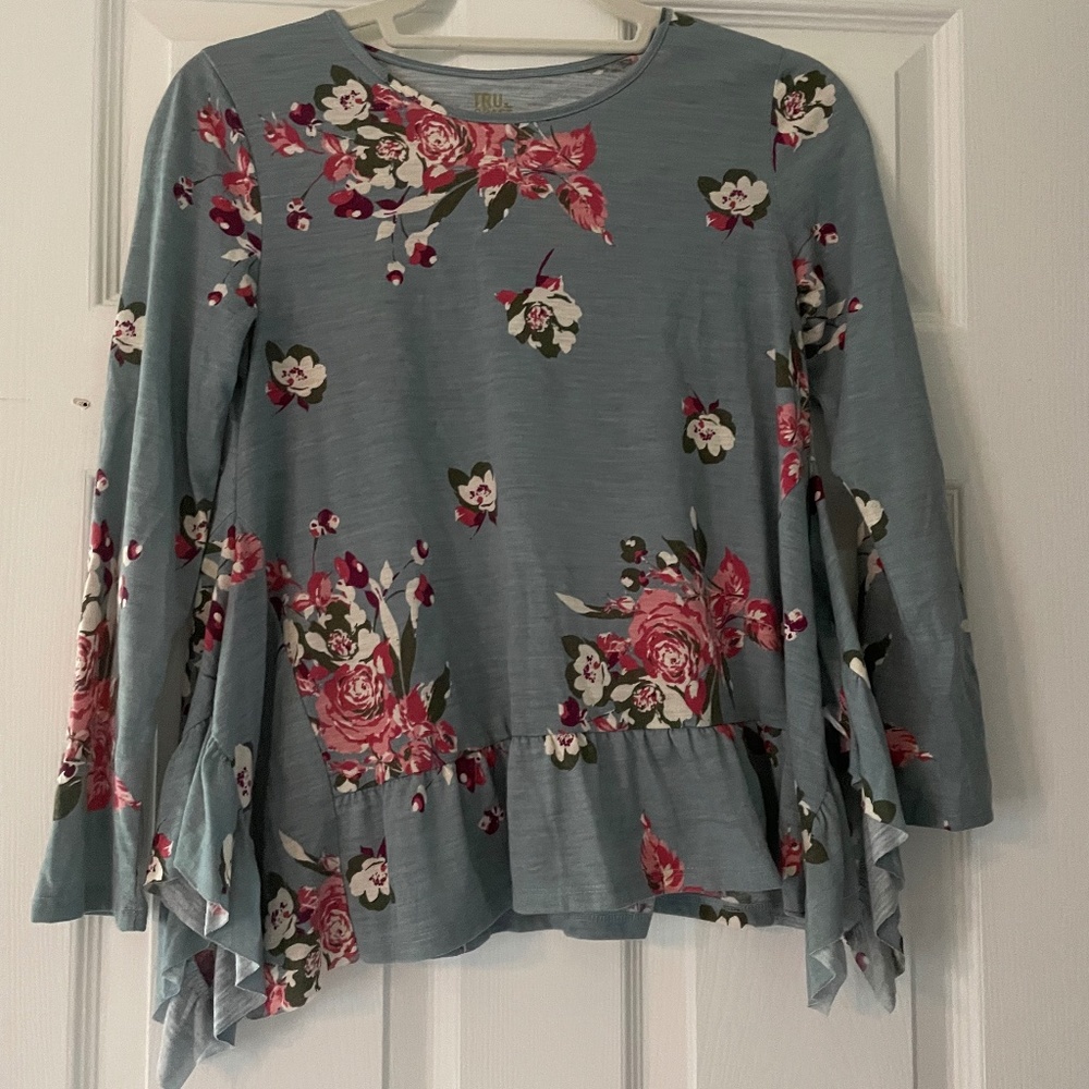 Tru Craft blue and pink floral ruffle blouse
